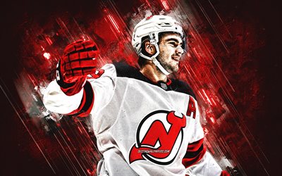 Nico Hischier, New Jersey Devils, LNH, joueur de hockey suisse, fond de pierre rouge, hockey, Ligue nationale de hockey