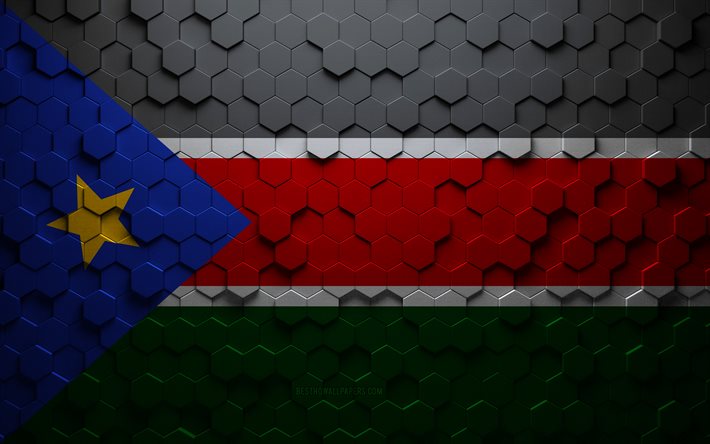 Flag of South Sudan, honeycomb art, South Sudan hexagons flag, South Sudan, 3d hexagons art, South Sudan flag