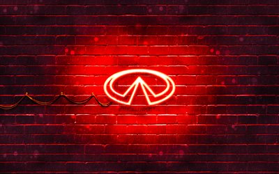Logo rosso Infiniti, 4k, muro di mattoni rosso, logo Infiniti, marchi di automobili, logo al neon Infiniti, Infiniti