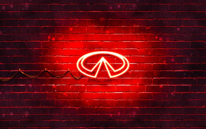 Logo rosso Infiniti, 4k, muro di mattoni rosso, logo Infiniti, marchi di automobili, logo al neon Infiniti, Infiniti
