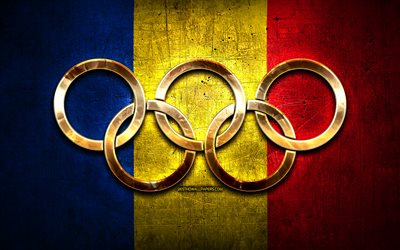 Romanian olympic team, golden olympic rings, Romania at the Olympics, creative, Romanian flag, metal background, Romania Olympic Team, flag of Romania