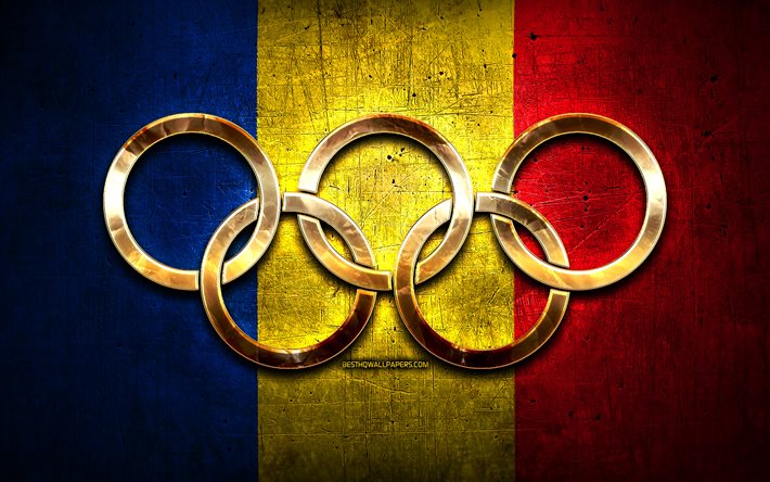 Squadra olimpica rumena, anelli olimpici d&#39;oro, Romania alle Olimpiadi, creativo, bandiera rumena, sfondo di metallo, Squadra olimpica della Romania, bandiera della Romania