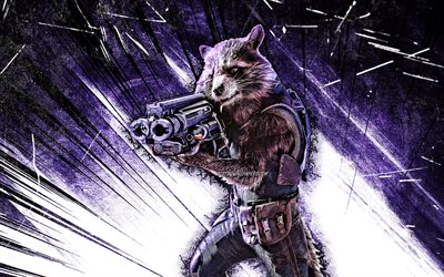 4k, Rocket Raccoon, grungekonst, Marvel Comics, superhj&#228;ltar, violetta abstrakta str&#229;lar