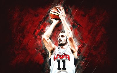 Kevin Love, USA national basketball team, USA, American basketball player, portrait, United States Basketball team, red stone background