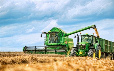 John Deere W550i HillMaster, John Deere 6195M, 4k, combine harvester, 2021 combines, wheat harvest, 2021 tractors, harvesting concepts, agriculture concepts, John Deere, HDR