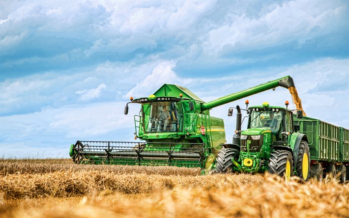 John Deere W550i HillMaster, John Deere 6195M, 4k, mietitrebbia, mietitrebbie 2021, raccolta del grano, trattori 2021, concetti di raccolta, concetti di agricoltura, John Deere, HDR