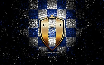 Juventud FC, logo glitter, Primera Division uruguaiano, sfondo a scacchi bianco blu, calcio, squadra di calcio uruguaiano, logo Juventud, arte del mosaico, CA Juventud