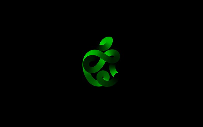 Logo verde mela, 4k, minimalismo, sfondo nero, logo astratto Apple, logo 3D Apple, creativo, Apple