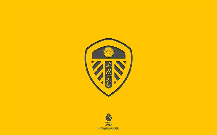 Leeds United FC, fond jaune, &#233;quipe de football anglaise, embl&#232;me de Leeds United FC, Premier League, Angleterre, football, logo Leeds United FC