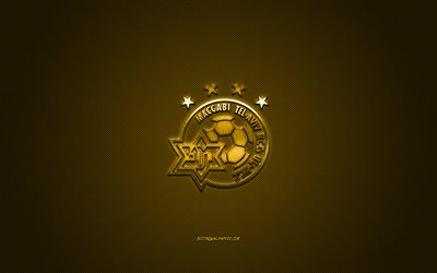 マッカビテルアビブFC, イスラエルのサッカークラブ, 黄色のロゴ, 黄色の炭素繊維の背景, イスラエルプレミアリーグ, フットボール。, テルアビブ, イスラエル, マッカビテルアビブFCロゴ
