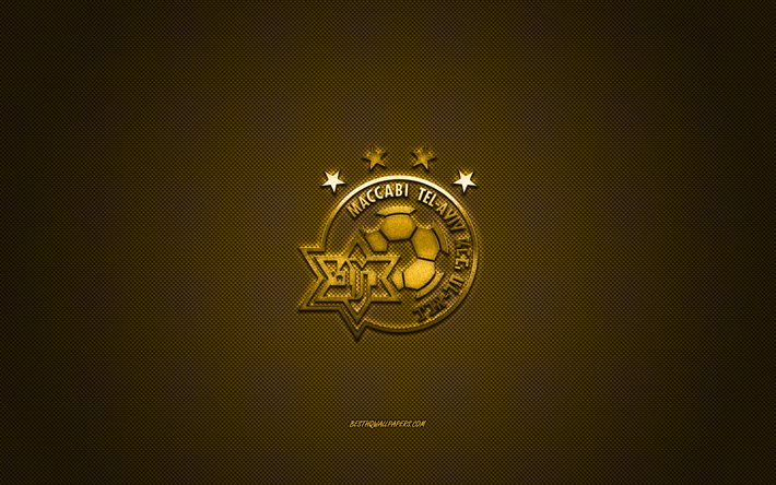 Maccabi Tel Aviv FC, Israeli football club, yellow logo, yellow carbon fiber background, Israeli Premier League, football, Tel Aviv, Israel, Maccabi Tel Aviv FC logo