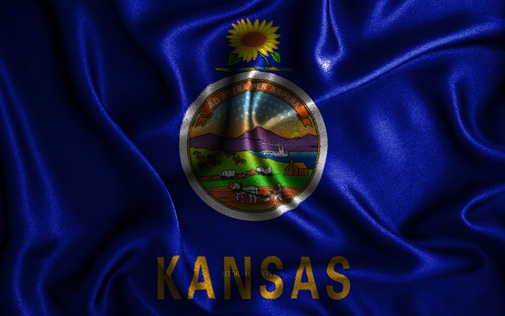 Drapeau du Kansas, 4k, drapeaux ondul&#233;s en soie, &#201;tats am&#233;ricains, &#201;tats-Unis, drapeaux en tissu, art 3D, Kansas, &#201;tats-Unis d&#39;Am&#233;rique, drapeau Kansas 3D