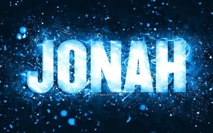 Feliz Anivers&#225;rio Jonah, 4k, luzes de n&#233;on azuis, nome de Jonah, criativo, Jonah Feliz Anivers&#225;rio, Jonah Birthday, nomes masculinos americanos populares, foto com o nome de Jonah, Jonah