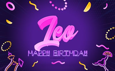 誕生日おめでとう, 4k, 紫のパーティーの背景, アメリカヒョウ, クリエイティブアート, レオの誕生日おめでとう, レオ名, レオの誕生日, 誕生日パーティーの背景