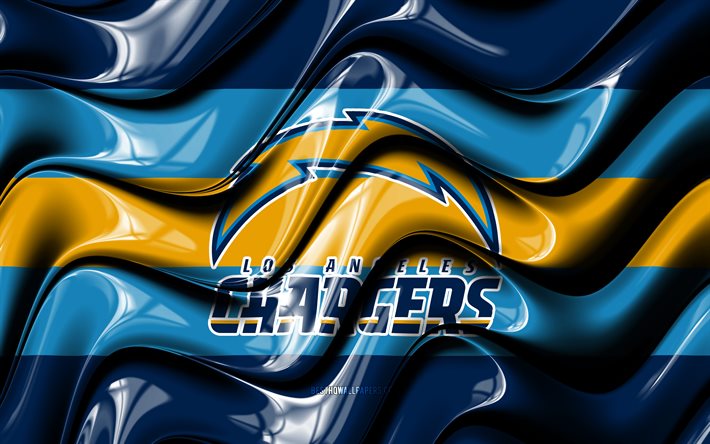 Los Angeles Chargers flag, 4k, blue and yellow 3D waves, NFL, american football team, Los Angeles Chargers logo, american football, Los Angeles Chargers, LA Chargers