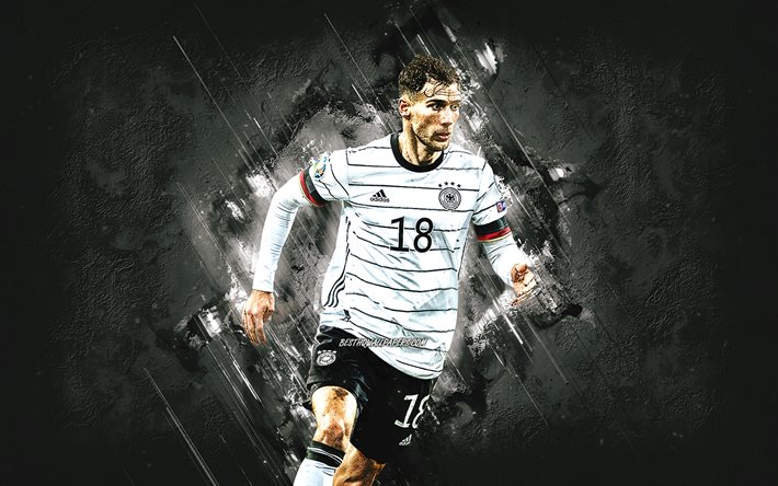 Leon Goretzka, Tyskland fotbollslandslag, tysk fotbollsspelare, portr&#228;tt, gr&#229; sten bakgrund, Tyskland, fotboll