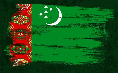 4k, Flag of Turkmenistan, grunge flags, Asian countries, national symbols, brush stroke, Turkmen flag, grunge art, Turkmenistan flag, Asia, Turkmenistan