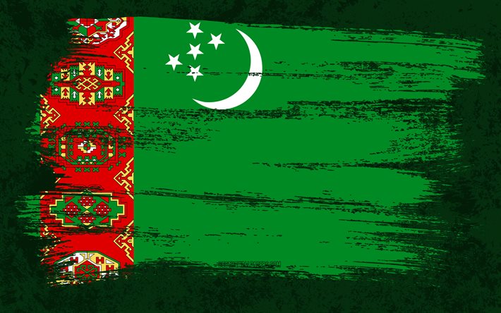 4k, Turkmenistanin lippu, grunge-liput, Aasian maat, kansalliset symbolit, siveltimenveto, Turkmenian lippu, grunge-taide, Aasia, Turkmenistan