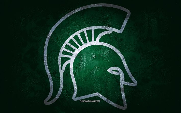 Michigan State Spartans, time de futebol americano, fundo verde, logotipo do Michigan State Spartans, arte do grunge, NCAA, futebol americano, EUA, emblema do Michigan State Spartans