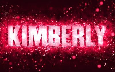 Buon compleanno Kimberly, 4k, luci al neon rosa, nome Kimberly, creativo, buon compleanno Kimberly, compleanno Kimberly, nomi femminili americani popolari, foto con nome Kimberly, Kimberly