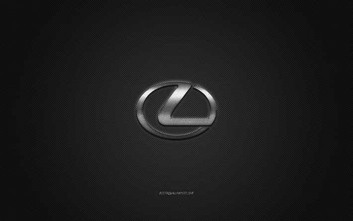 Lexus-logo, hopeanv&#228;rinen logo, harmaa hiilikuitutausta, Lexuksen metallitunnus, Lexus, automerkit, luovaa taidetta