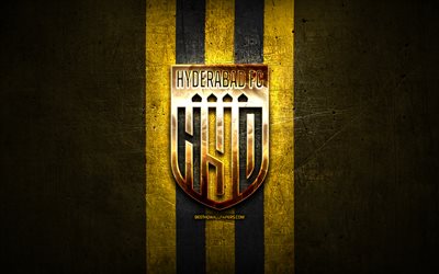 Hyderabad FC, golden logo, ISL, yellow metal background, football, indian football club, Hyderabad FC logo, soccer, India, FC Hyderabad