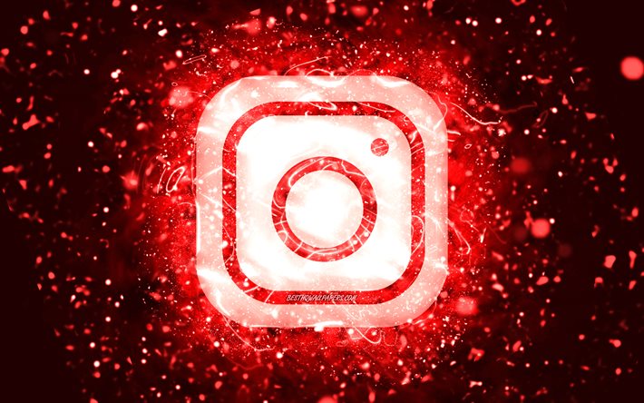 Logo rosso di Instagram, 4K, luci al neon rosse, creativo, sfondo astratto rosso, logo Instagram, social network, Instagram