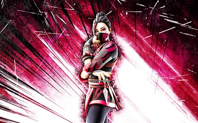 4k, Red Jade, grunge art, Fortnite Battle Royale, Fortnite characters, purple abstract rays, Red Jade Skin, Fortnite, Red Jade Fortnite