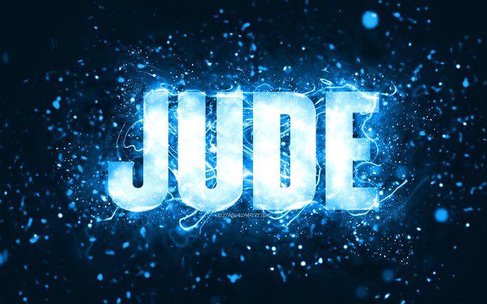 Joyeux anniversaire Jude, 4k, n&#233;ons bleus, nom de Jude, cr&#233;atif, Jude Happy Birthday, Jude Birthday, noms masculins am&#233;ricains populaires, photo avec le nom de Jude, Jude