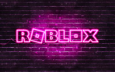 Logotipo Roblox roxo, 4k, parede de tijolos roxa, logotipo Roblox, jogos online, logotipo Roblox neon, Roblox