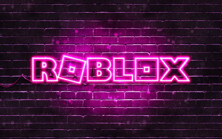 Logo viola Roblox, 4k, muro di mattoni viola, logo Roblox, giochi online, logo al neon Roblox, Roblox