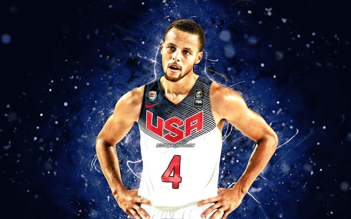 Stephen Curry, 4k, ABD Basketbol Erkek Milli Takımı, mavi neon ışıklar, Wardell Stephen Curry II, basketbol, ABD erkek milli basketbol takımı, yaratıcı, Stephen Curry 4K