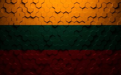 Drapeau de la Lituanie, art nid d’abeilles, drapeau hexagonaux lituanien, Lituanie, art hexagonaux 3d, drapeau lituanien