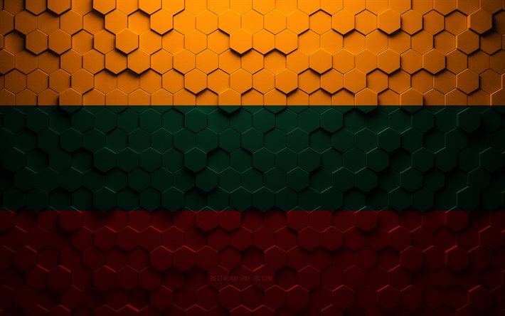 Litauens flagga, honungskaka konst, Litauen hexagons flagga, Litauen, 3d hexagons konst, Litauen flagga