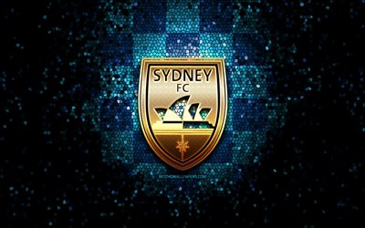 Sydney FC, logotipo de glitter, A-League, fundo azul quadrinificado, futebol, clube de futebol australiano, logotipo do Sydney FC, Austr&#225;lia, arte de mosaico, FC Sydney