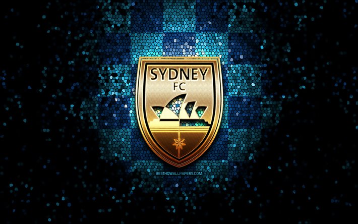 Sydney FC, parıltılı logo, A-League, mavi damalı arka plan, futbol, Avustralya futbol kul&#252;b&#252;, Sydney FC logosu, Avustralya, mozaik sanatı, FC Sydney