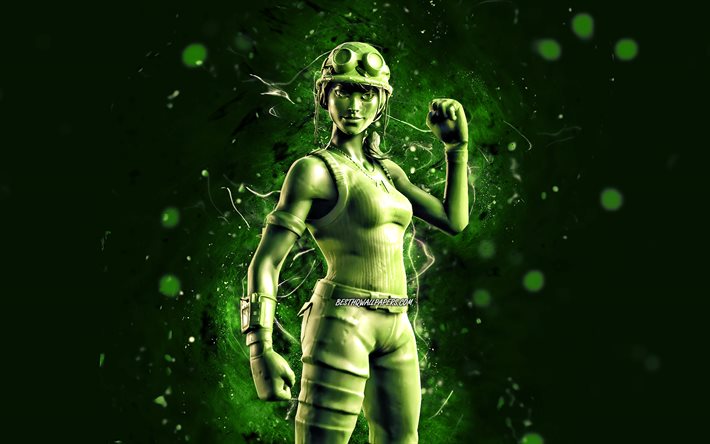 Oyuncak Trooper, 4k, yeşil neon ışıklar, Fortnite Battle Royale, Fortnite karakterleri, Oyuncak Asker G&#246;r&#252;n&#252;m&#252;, Fortnite, Oyuncak Asker Fortnite