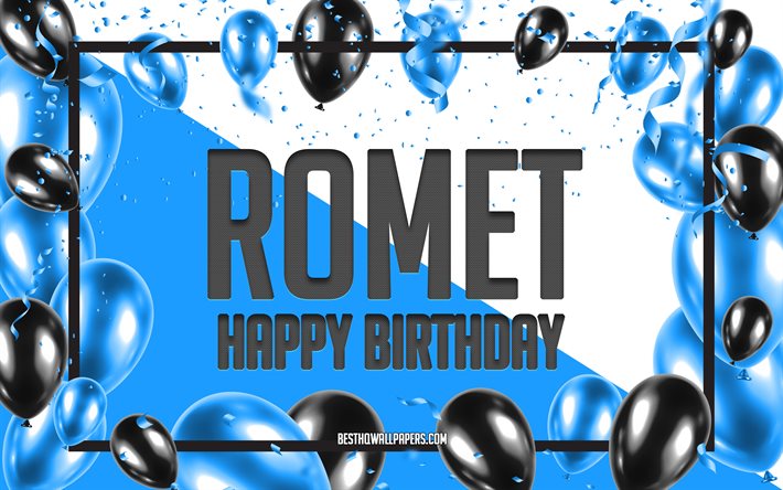 Joyeux anniversaire Romet, Birthday Balloons Background, Romet, fonds d’&#233;cran avec des noms, Romet Happy Birthday, Blue Balloons Birthday Background, Romet Birthday