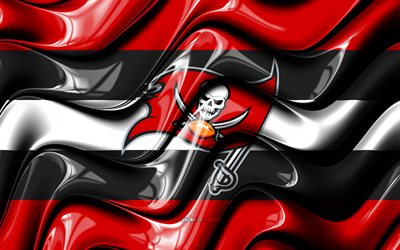 Tampa Bay Buccaneers drapeau, 4k, rouge et noir vagues 3D, NFL, &#233;quipe de football am&#233;ricain, Tampa Bay Buccaneers logo, football am&#233;ricain, Buccaneers de Tampa Bay