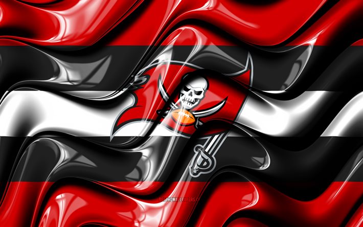 Bandeira do Tampa Bay Buccaneers, 4k, ondas 3D vermelhas e pretas, NFL, time de futebol americano, logotipo do Tampa Bay Buccaneers, futebol americano, Tampa Bay Buccaneers