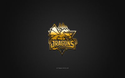 Dragons de Rouen, squadra francese di hockey su ghiaccio, logo oro, sfondo in fibra di carbonio grigia, Ligue Magnus, hockey, Rouen, Francia, logo Dragons de Rouen