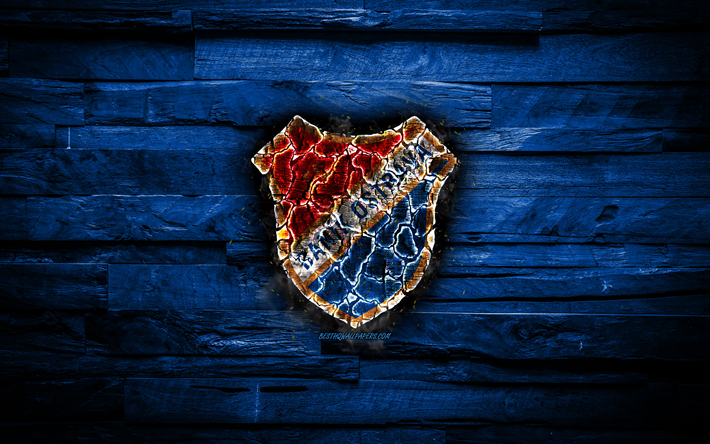 Banik Ostrava FC, burning logo, Czech First League, blue wooden background, czech football club, FC Ban&#237;k Ostrava, grunge, football, soccer, Banik Ostrava logo, Czech Republic