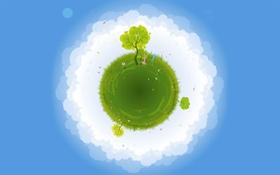 green planet, 4k, ekologi begrepp, minimal, bl&#229; bakgrund, planet i moln, kreativa