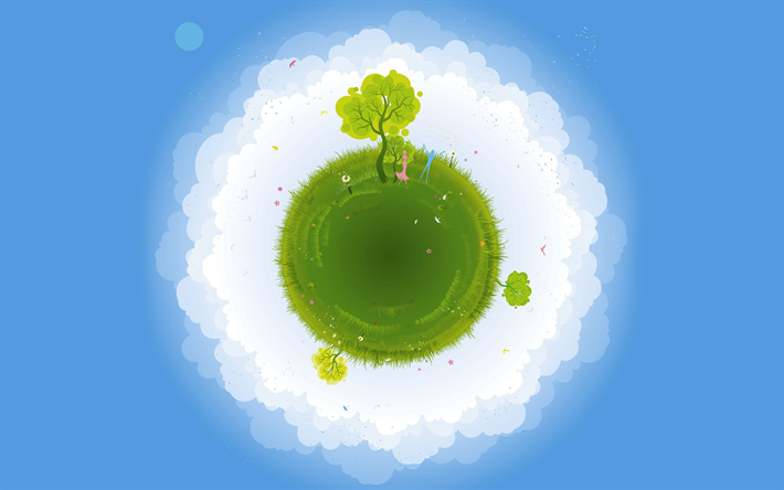 緑の星, 4k, 生態系の概念, 最小限の, 青色の背景, 惑星雲, 創造