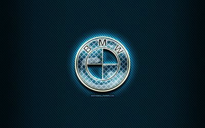 BMW verre logo, marques de voitures, fond bleu, illustration, BMW, marques, BMW rhombique logo, cr&#233;ation, logo BMW
