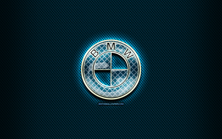 BMW logo di vetro, vetture di marchi, sfondo blu, illustrazione, BMW, marche, BMW rombico logo, creativo, logo BMW
