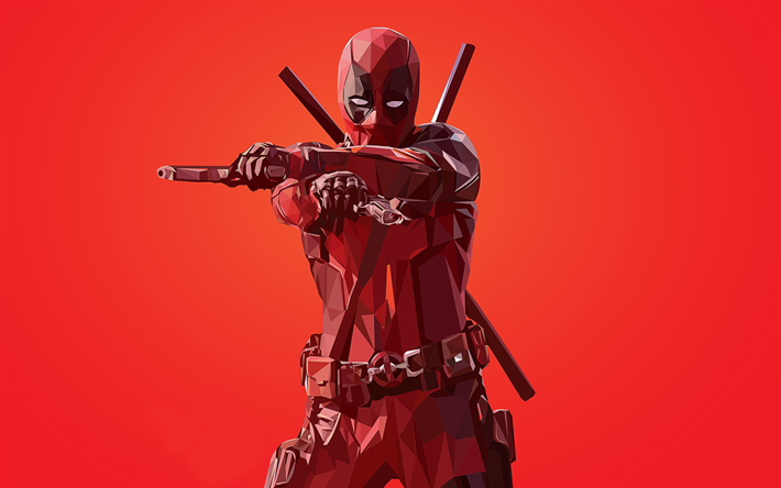 Deadpool, superhero, polygon style, red background, creative art