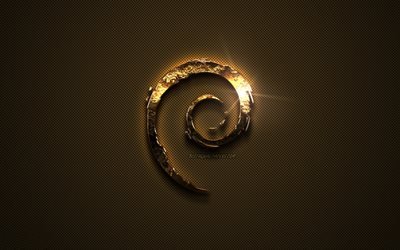 Debian gold logo, creative art, gold texture, brown carbon fiber texture, Debian gold emblem, Debian