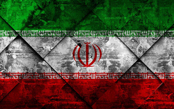 İran bayrağı, 4k, grunge sanat, rhombus grunge doku, Asya, ulusal semboller, İran, yaratıcı sanat