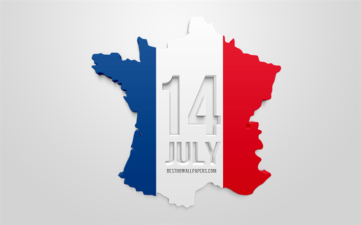 14 July, Bastille Day, 3d flag of France, map silhouette of France, 3d art, France 3d flag, national holidays, France, 14 July Bastille Day concepts